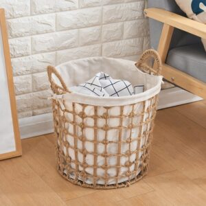 GIB Set of 3 Round Woven Wicker Storage Baskets with Handles & Liners, Natural Jute Decorative Laundry Hampers Baskets Storage Organizer for Blankets, Toys, Bathroom, Living Room, Closet & Shelves