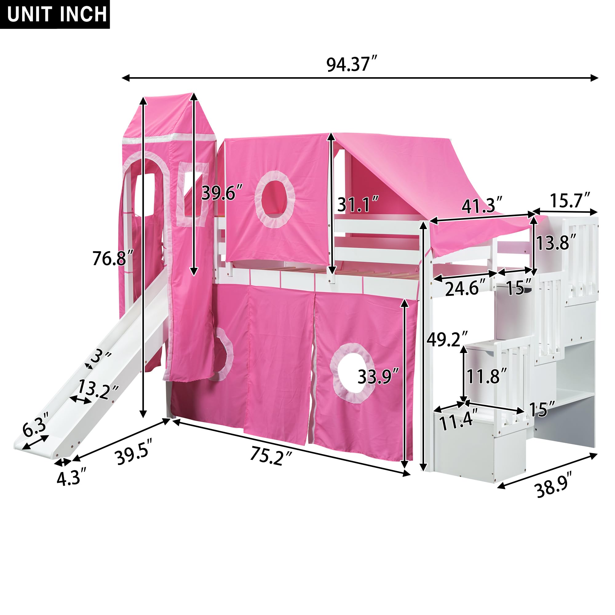 Harper & Bright Designs House Twin Loft Bed with Slide,Storage Stairs and Tent, Wood Kids Loft Bunk Bed with Tower and Ladders, Playhouse Twin Bed Frame for Kids, Teens, Boys & Girls (Twin, Pink)