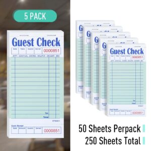 DGBDPACK Guest Check Books for Servers, 5 Pack of EP-3632-1 Server Note Pads, Thick Server Paper with Guest Receipt, Waitress Notepads - 250 Orders Total (Green, 6.75"x3.5")