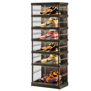 ehamily 6 tiers 6-12 pairs foldable shoe boxes large plastic shoe storage rack collapsible shoe organizer for closet clear stackable shoes shelf storage cabinet with doors quick assembly black