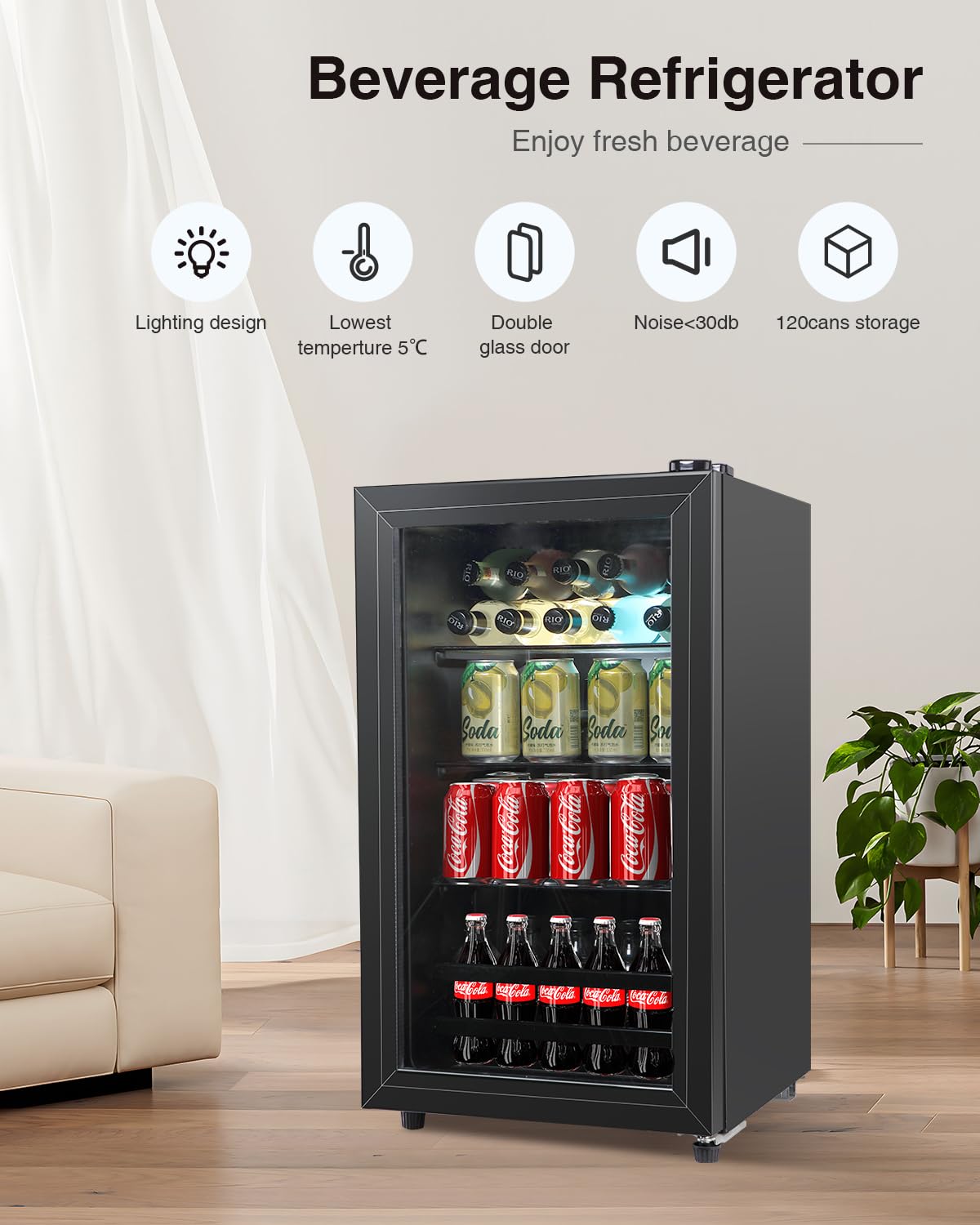 Iorbur FLB-60 Refrigerator Cooler-120 Can Freestanding Beverage Cooler with Glass Door-Small Drink Dispenser Machine for Office or Bar with Adjustable Removable Shelves, Black