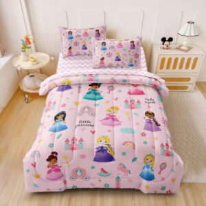 SIRDO Kids Magical Princess Comforter Set Bed in a Bag Twin Size- 5 Piece Soft Cute Castle Bedding Set for Girls (1 Comforter, 1 Flat Sheet, 1 Fitted Sheet, 2 Pillowcases), Pink