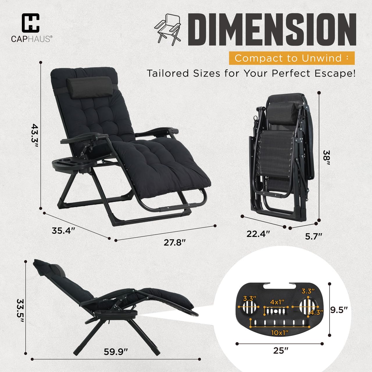 CAPHAUS Oversized Zero Gravity Lounge Chair, XL Zero Gravity Chair, Folding Reclining Chair w/Removable Pad, Side Tray, Anti-Gravity Chair for Outdoor & Indoor, Reclining Patio Chair w/Cushion