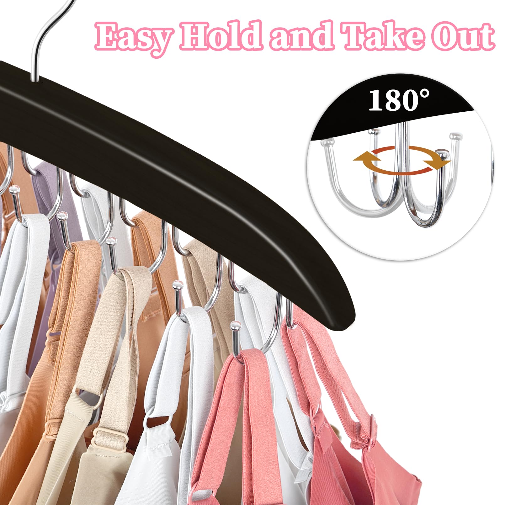 Bra Hanger for Closet, 360° Rotating Bra Organizer Space Saving w/20 Foldable Metal Hooks, Tank Top Hanger Closet Organizers and Storage for Camisoles/Tank Tops/Bras/Belts/Scarves Black