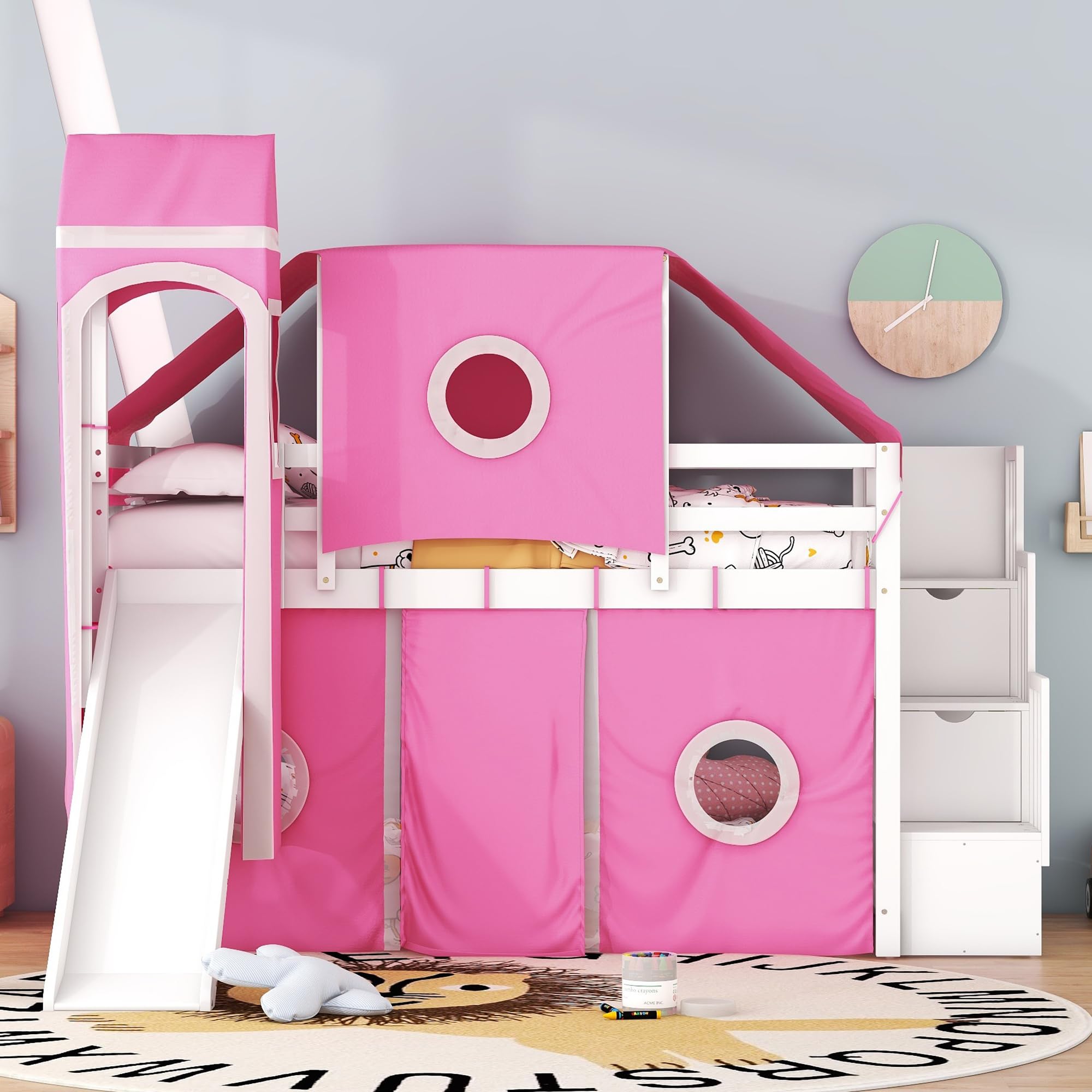 Harper & Bright Designs House Twin Loft Bed with Slide,Storage Stairs and Tent, Wood Kids Loft Bunk Bed with Tower and Ladders, Playhouse Twin Bed Frame for Kids, Teens, Boys & Girls (Twin, Pink)