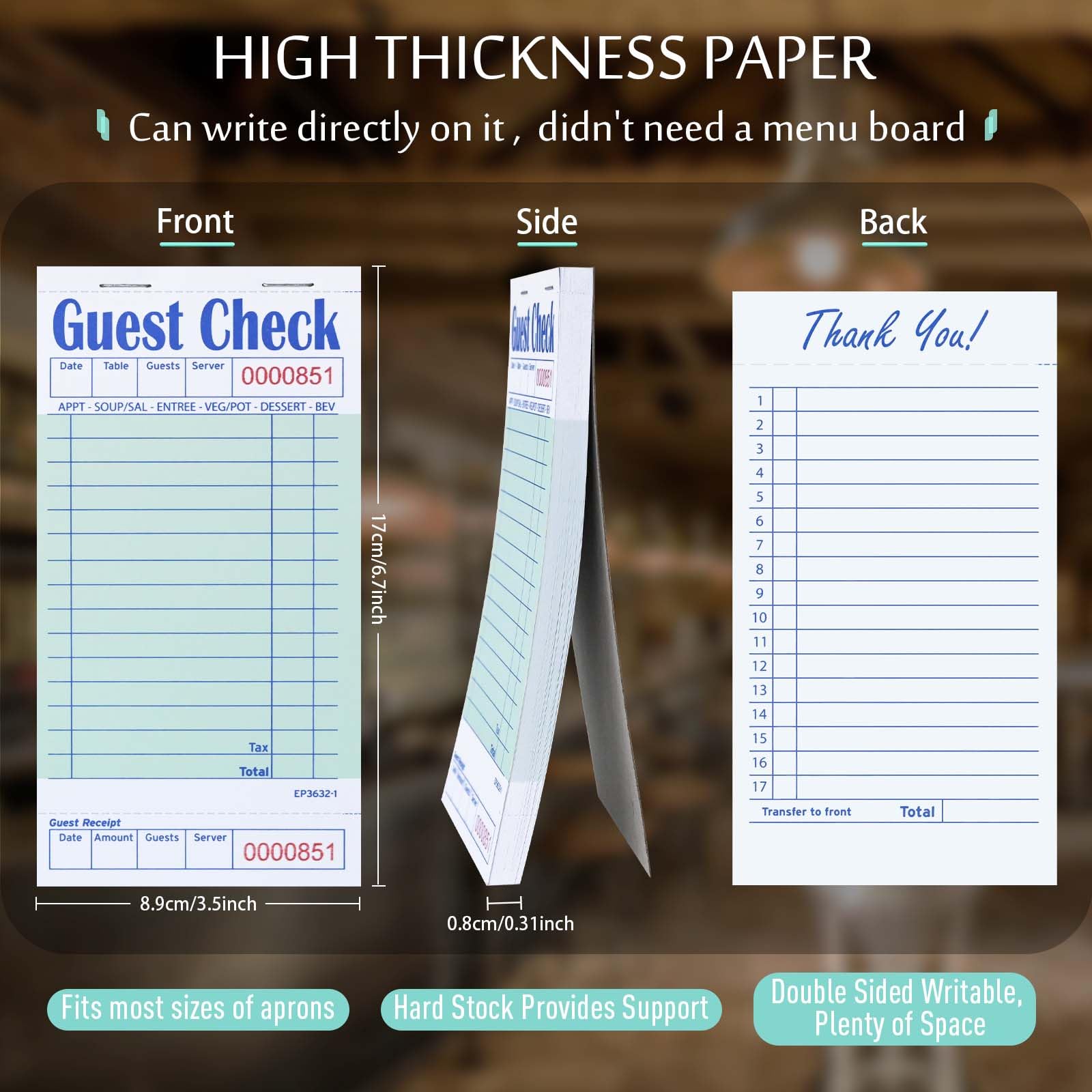 DGBDPACK Guest Check Books for Servers, 5 Pack of EP-3632-1 Server Note Pads, Thick Server Paper with Guest Receipt, Waitress Notepads - 250 Orders Total (Green, 6.75"x3.5")