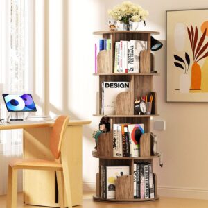 goofcxo 4 tier rotating bookshelf, 360° revolving bookcase wood rotating stackable shelves floor-standing storage display rack used in bedrooms living rooms study office (52"x18"x18")