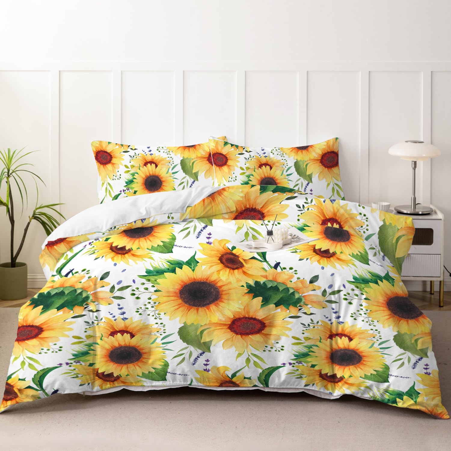 Dropshipful Sunflower Floral Duvet Cover Full Size, Soft White Sunflower Bed Set Gifts for Women, Nature Botanical Garden Sunflower Bedding 3 Pieces, 1 Duvet Cover and 2 Pillow Shams