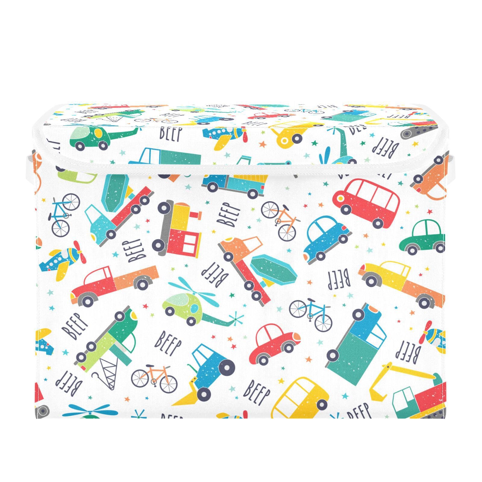 Cartoon Vehicle Cars Storage Bins with Lids Fabric Storage Containers Cubes Box Closet Organizer Collapsible Storage Basket for Bedroom Clothes Office Shelves Nursery Gifts Home Decor