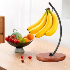 HOMKULA Banana Holder Stand - Modern Fruit Bowls Banana Hook Hanger, Banana Tree Holder, Banana Rack for Kitchen Counter, Stainless Steel&Wooden Base, Black