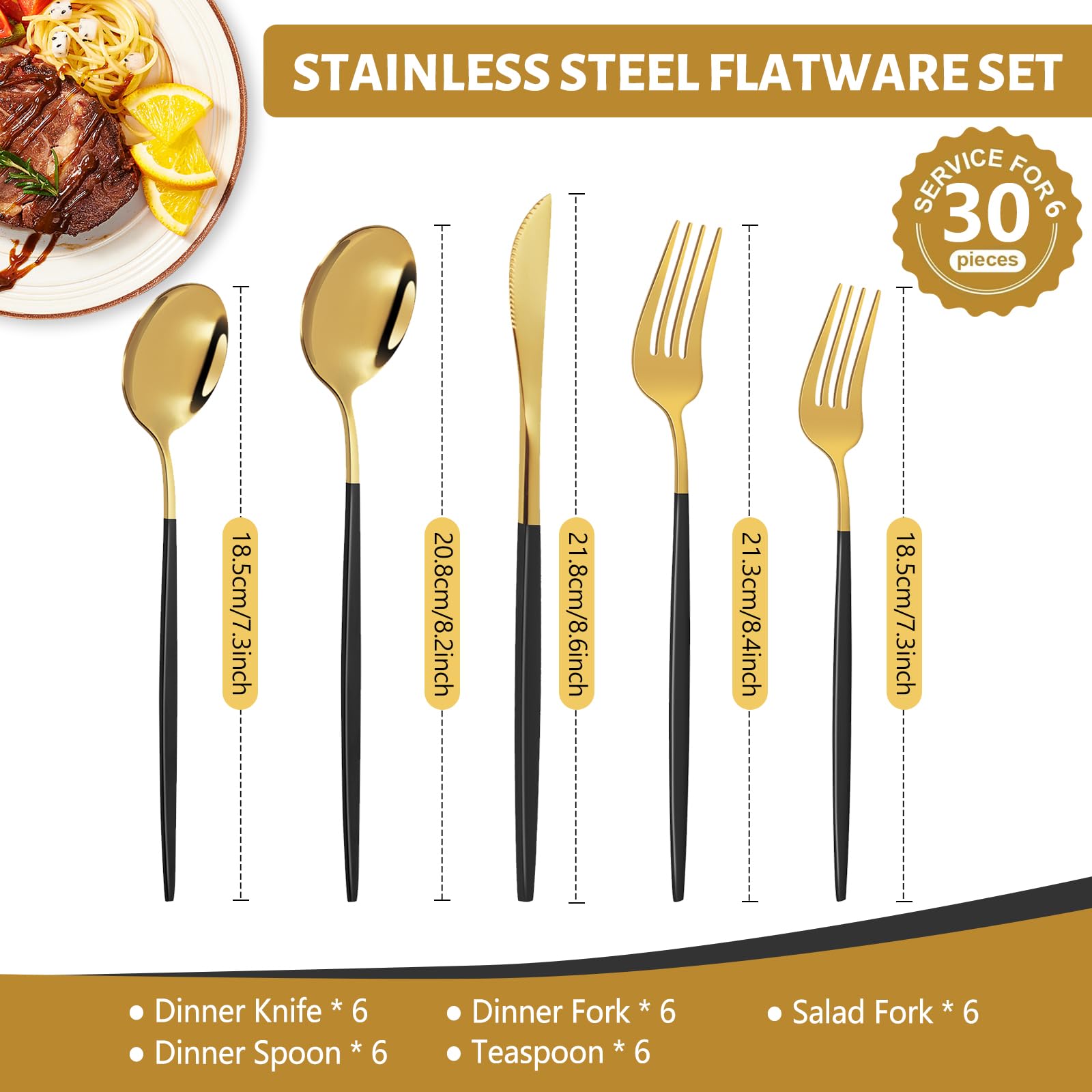 30-Piece Black and Gold Silverware Sets, Stainless Steel Kitchen Utensil Set Service for 6, Including Knife, Fork, Spoon, Mirror Polished, Utensil Sets for Kitchen, Home