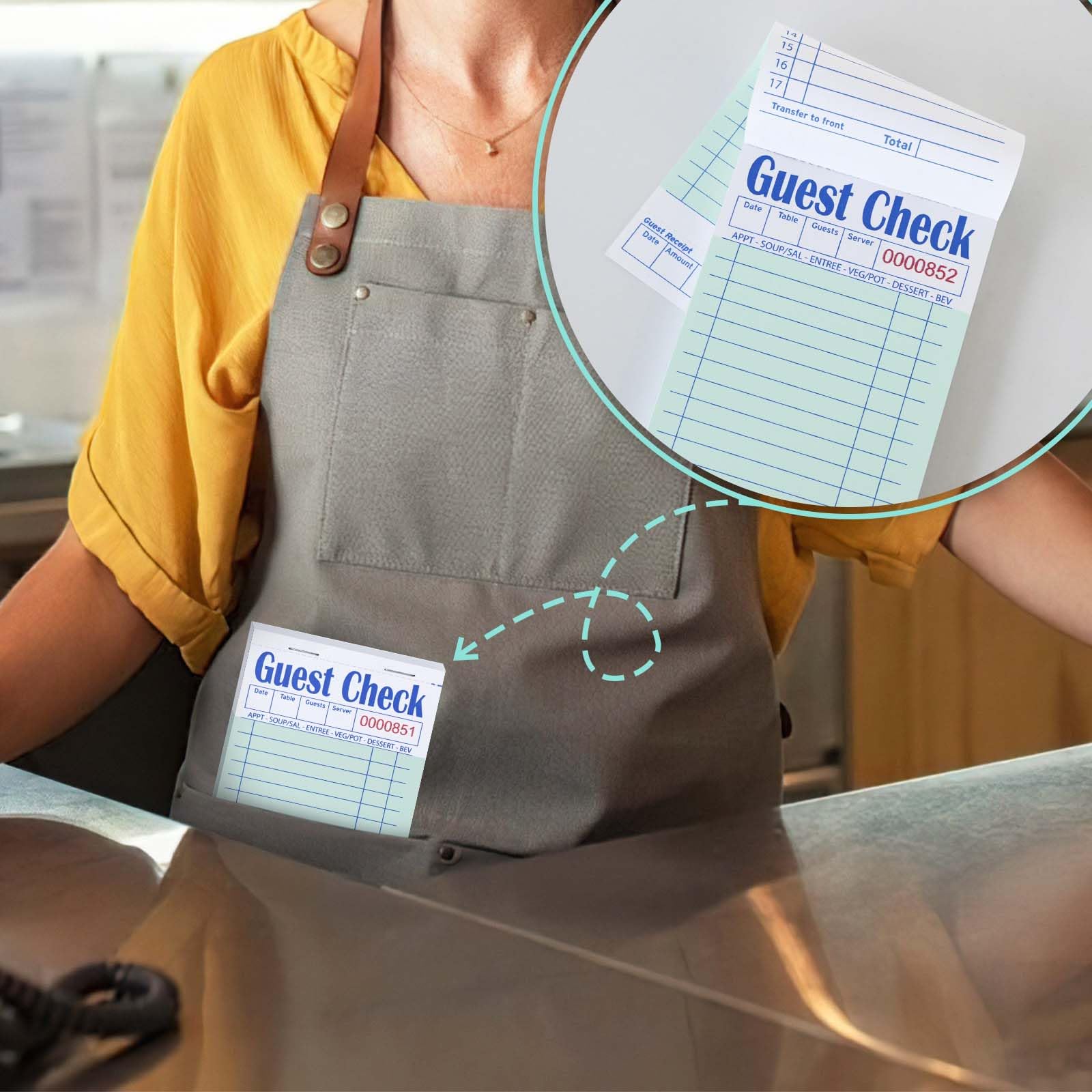 DGBDPACK Guest Check Books for Servers, 5 Pack of EP-3632-1 Server Note Pads, Thick Server Paper with Guest Receipt, Waitress Notepads - 250 Orders Total (Green, 6.75"x3.5")