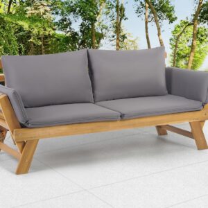 PayLessHere Outdoor Couch Patio Couch Daybed with Adjustable Armrest, Wooden Loveseat with Cushion and Pillow, and Expandable Plate