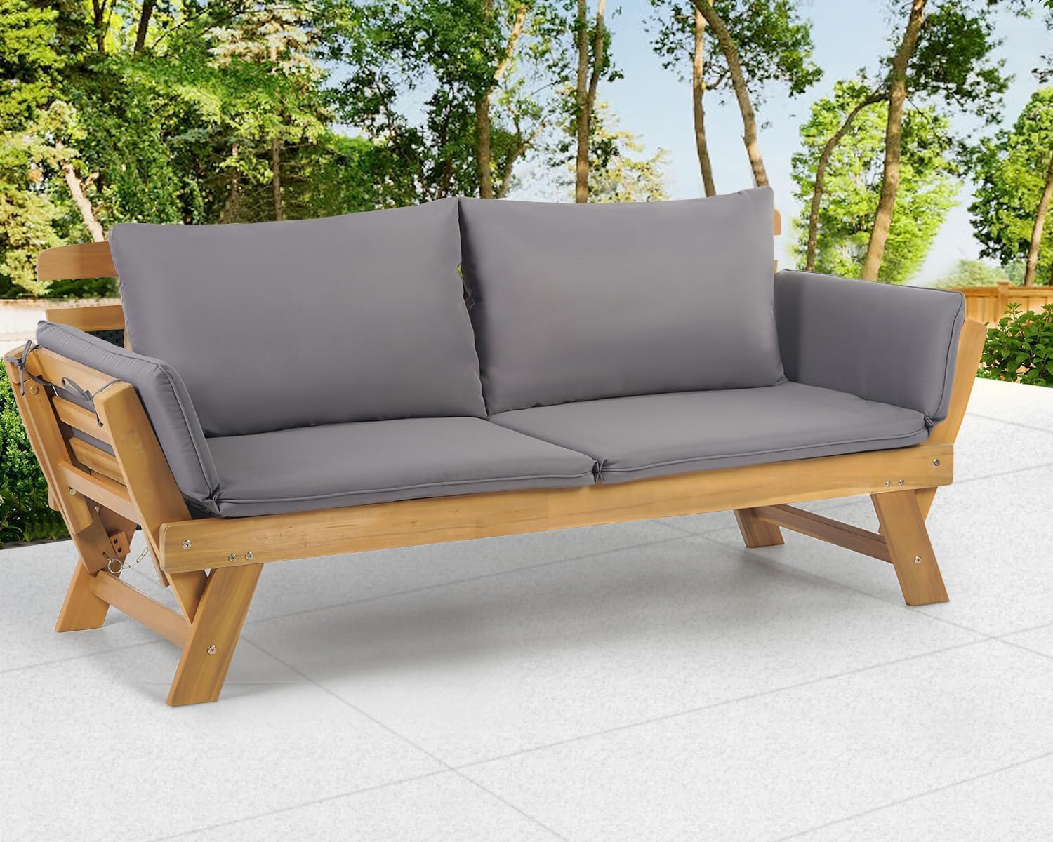 PayLessHere Outdoor Couch Patio Couch Daybed with Adjustable Armrest, Wooden Loveseat with Cushion and Pillow, and Expandable Plate