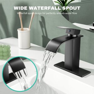 BASDEHEN Black Waterfall Spout Bathroom Faucet, Stainless Steel Single Hole Bathroom Sink Faucet, RV Vanity Faucet with Deck Plate, 1-Hole or 3-Hole Bathroom Sink Faucet (Matte Black)