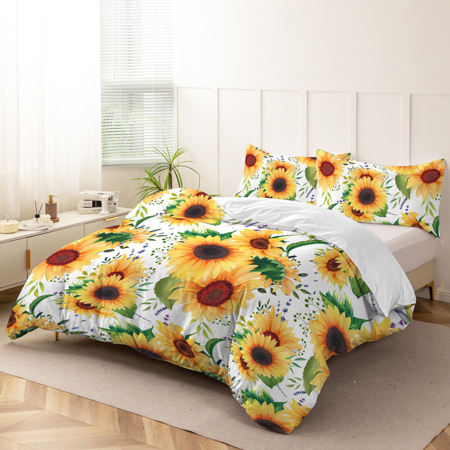 Dropshipful Sunflower Floral Duvet Cover Full Size, Soft White Sunflower Bed Set Gifts for Women, Nature Botanical Garden Sunflower Bedding 3 Pieces, 1 Duvet Cover and 2 Pillow Shams