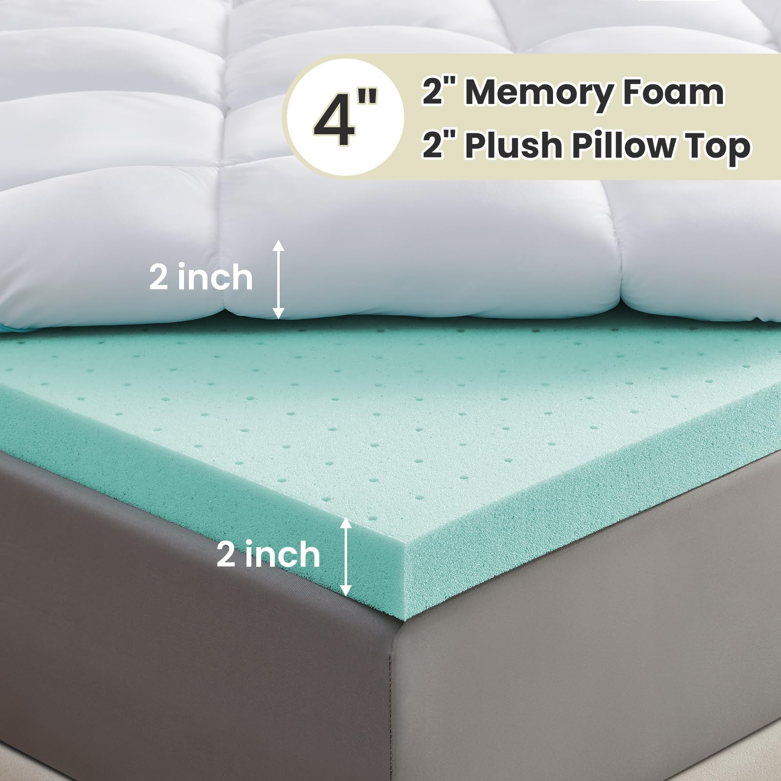 Dourxi Dual Layer 4 Inch Queen Size Mattress Topper, 2 Inch Cooling Gel Memory Foam Plus 2 Inch Down Alternative Pillow Top with 8-21 Inch Deep Pocket