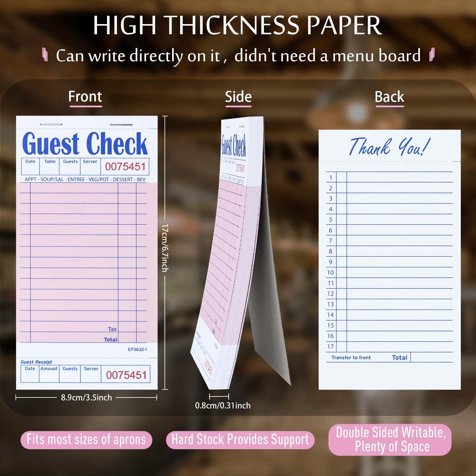 DGBDPACK Server Guest Checkbook, 5 Pack EP-3632-1 Server Note Book, Thick Server Paper with Guest Receipts, Waitress Notepads - 250 Orders Total (Pink, 6.75" x 3.5")