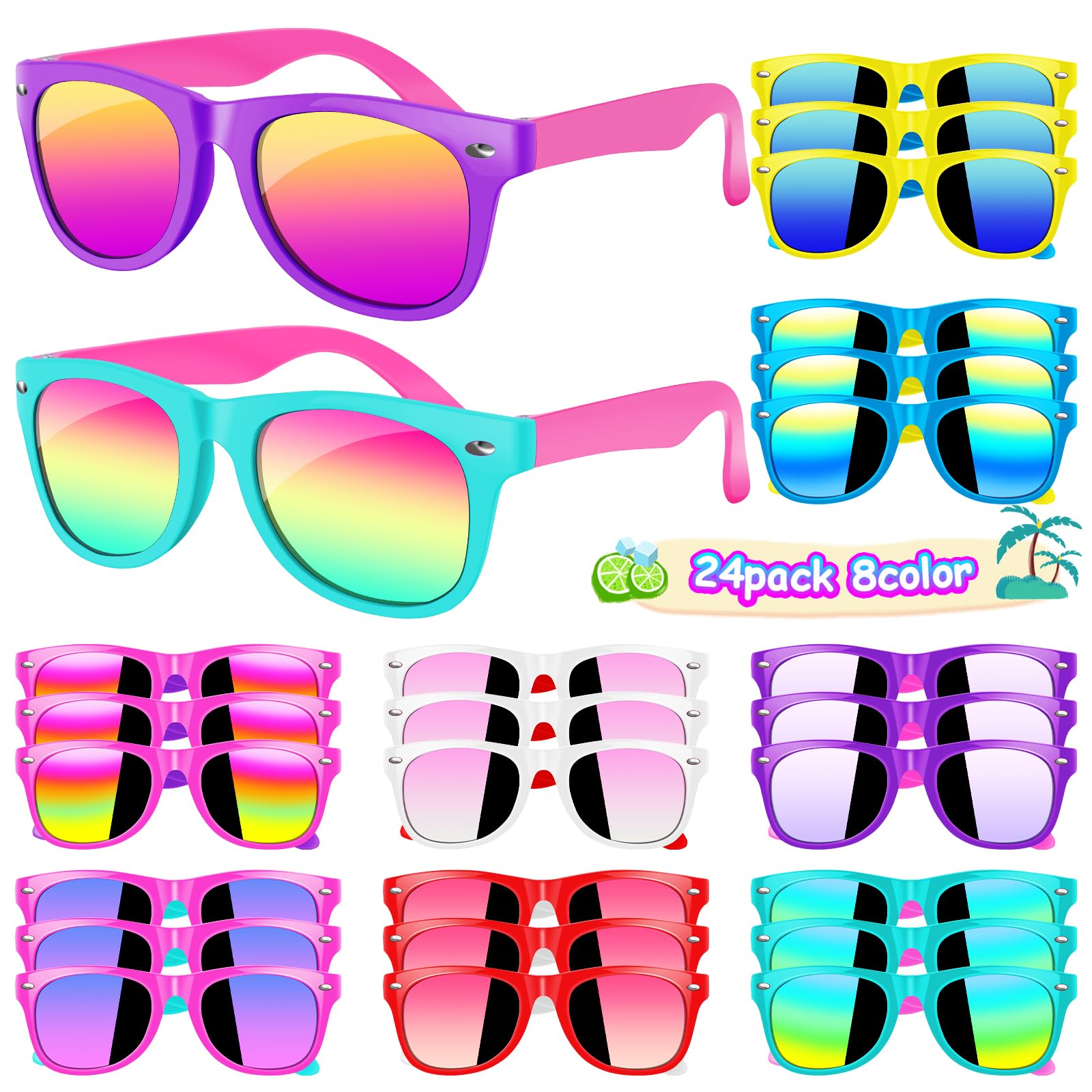 Kids sunglasses bulk, Kids Sunglasses Party Favor, 24Pack Neon Sunglasses with UV400 Protection for Kids, Boys and Girls Age 3-8, Goody Bag Favors, Great Gift for Pool, Birthday Party Supplies