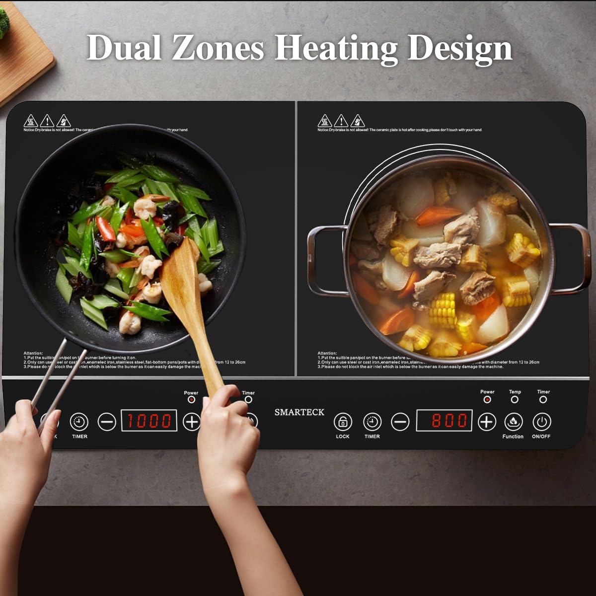 Double Induction Cooktop,1500W/1800W Portable Electric Stove,2 Large 8” Heating Coils,Independent Control,8/10 Temperature & Power Levels,3-hour Timer, Safety Lock