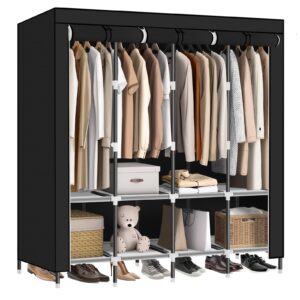 lokeme portable closet，19mm diameter portable closets for hanging clothes，black closet with 4 hanging rods and 8 storage shelves，non-woven fabric，easy to assembly，67.9x18.4x70.8 inches