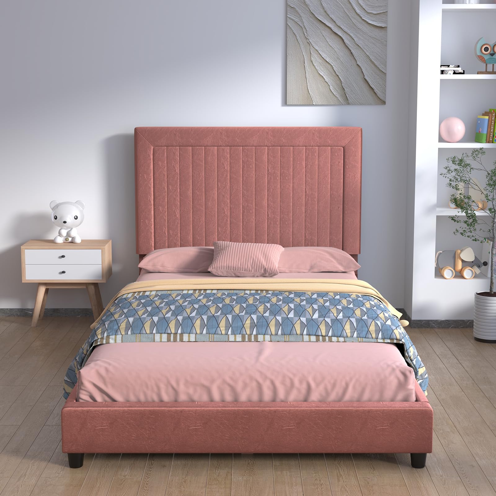 Twin Frame Bed for Kids, Adjustable Height Headboard Children's Bed, Wooden Slat Base Toddler Twin Bed,Children's Bedroom Furniture for Boys and Girls, Fits Standard Twin Mattress(75"Wx39"D) (Pink)