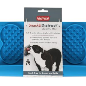 Dexas Snack & Distract Licking Mat with Catch Tray for Dogs and Cats-9.5"x 5.5", Pro Blue. Sticks to Most Slick or Smooth Surfaces. Eases Anxiety, Prevents Boredom, Entertains and Distracts.