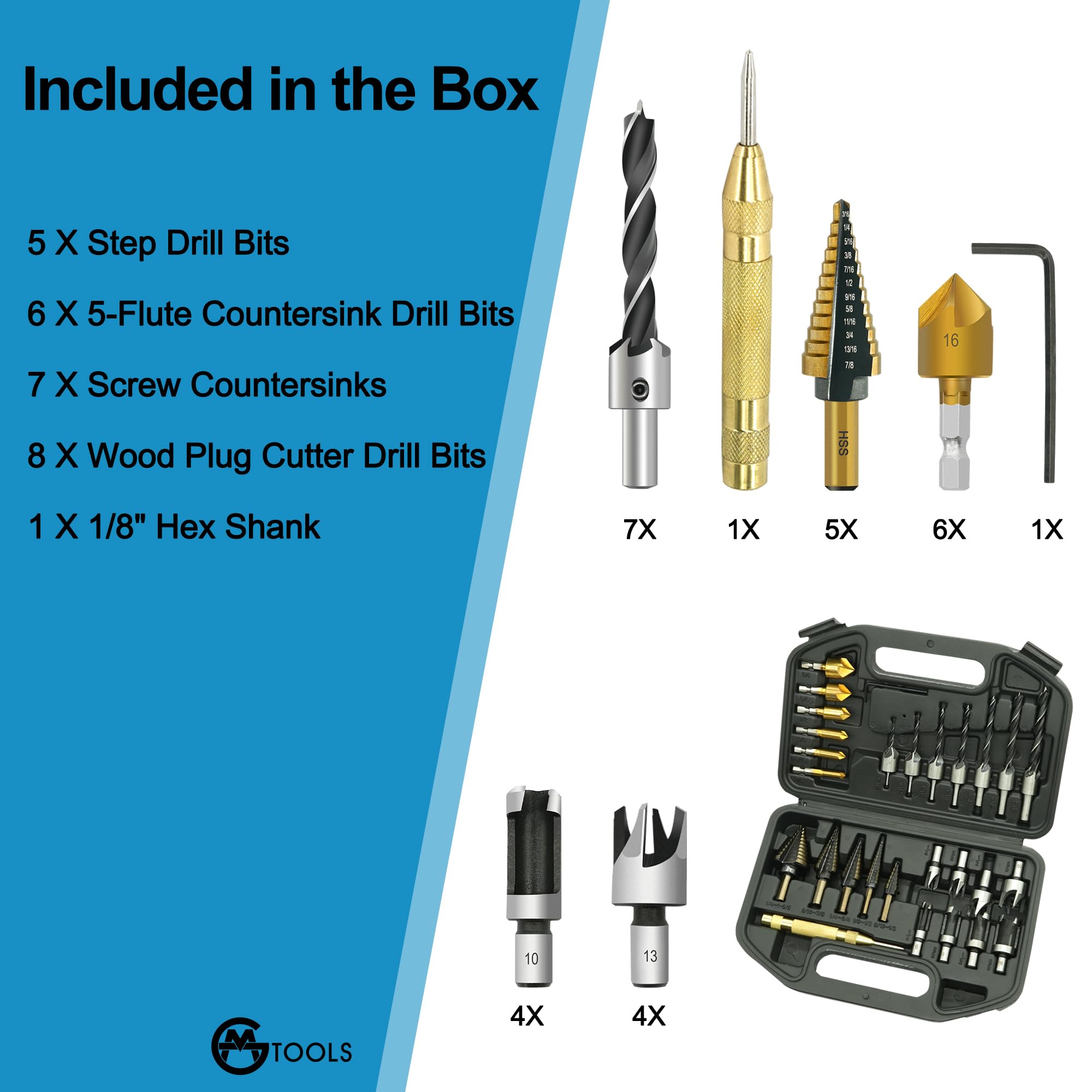 GMTOOLS 28Pcs Woodworking Chamfer Drilling Tools-Countersink Bit, Step Drill Bit Set, Wood Plug Cutter Drill Bit Set (2 Styles), 5-Flute Countersink Drill Bit, Positioning Punch and 1pc Hex Wrench