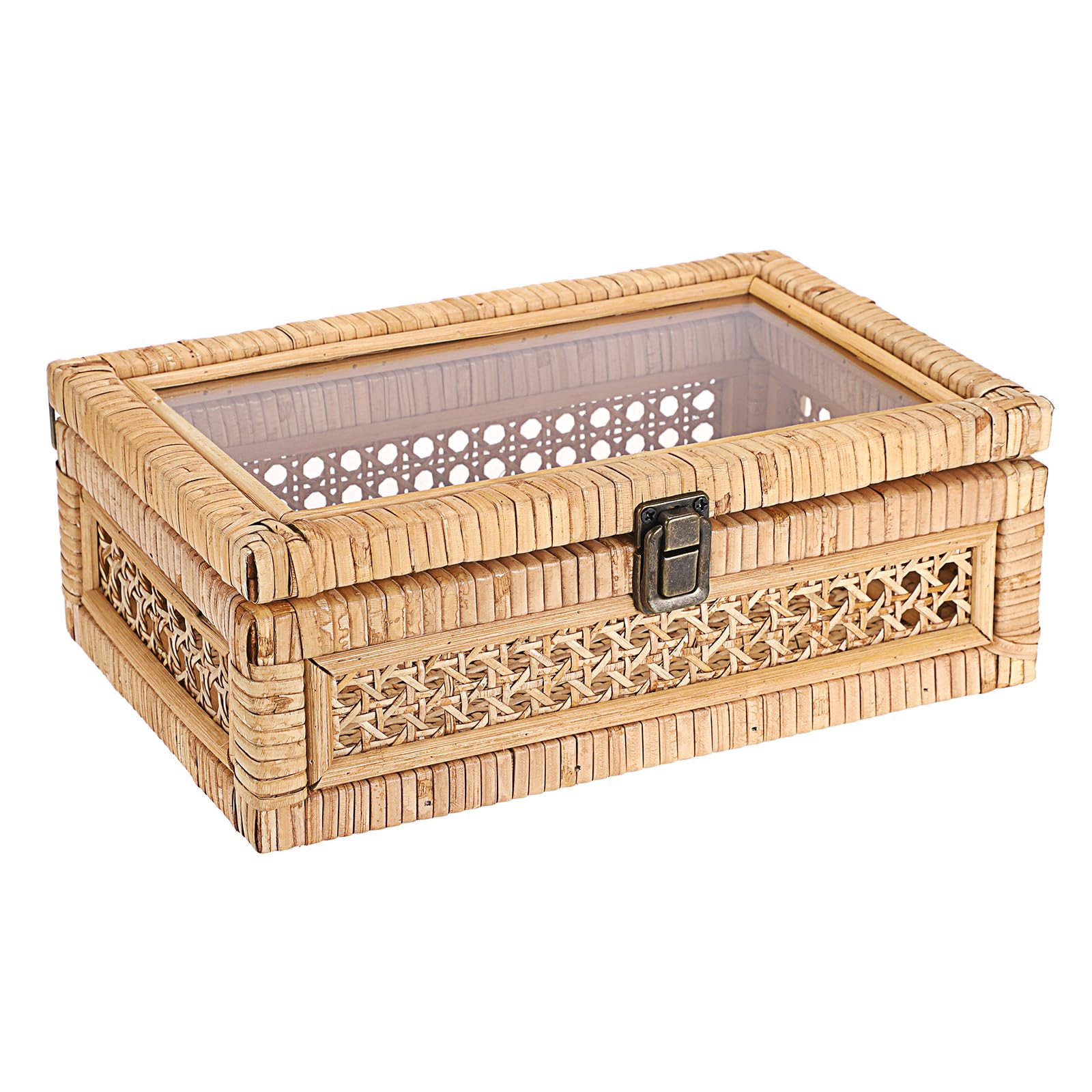 Hipiwe Rattan Display Box with Clear Lid Rectangular Wicker Storage Basket Bin with Metal Secure Latch Handwoven Natural Rattan Decorative Box Small Shelf Organizer Basket for Snacks Remotes