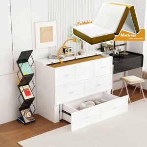 FAMAPY Full Size Murphy Bed with Charging Station & Drawer, Mobile Cabinet Bed Murphy Chest Bed, Space-Saving Folding Murphy Bed for Bedroom Guest Room White (76.4”W x 56.3”D x 40.9”H)