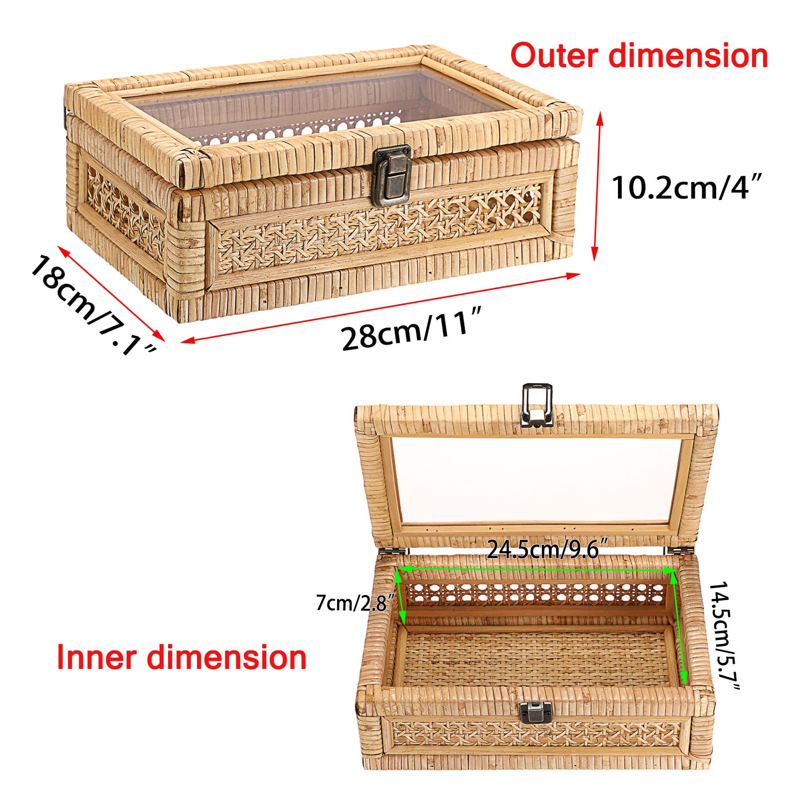 Hipiwe Rattan Display Box with Clear Lid Rectangular Wicker Storage Basket Bin with Metal Secure Latch Handwoven Natural Rattan Decorative Box Small Shelf Organizer Basket for Snacks Remotes