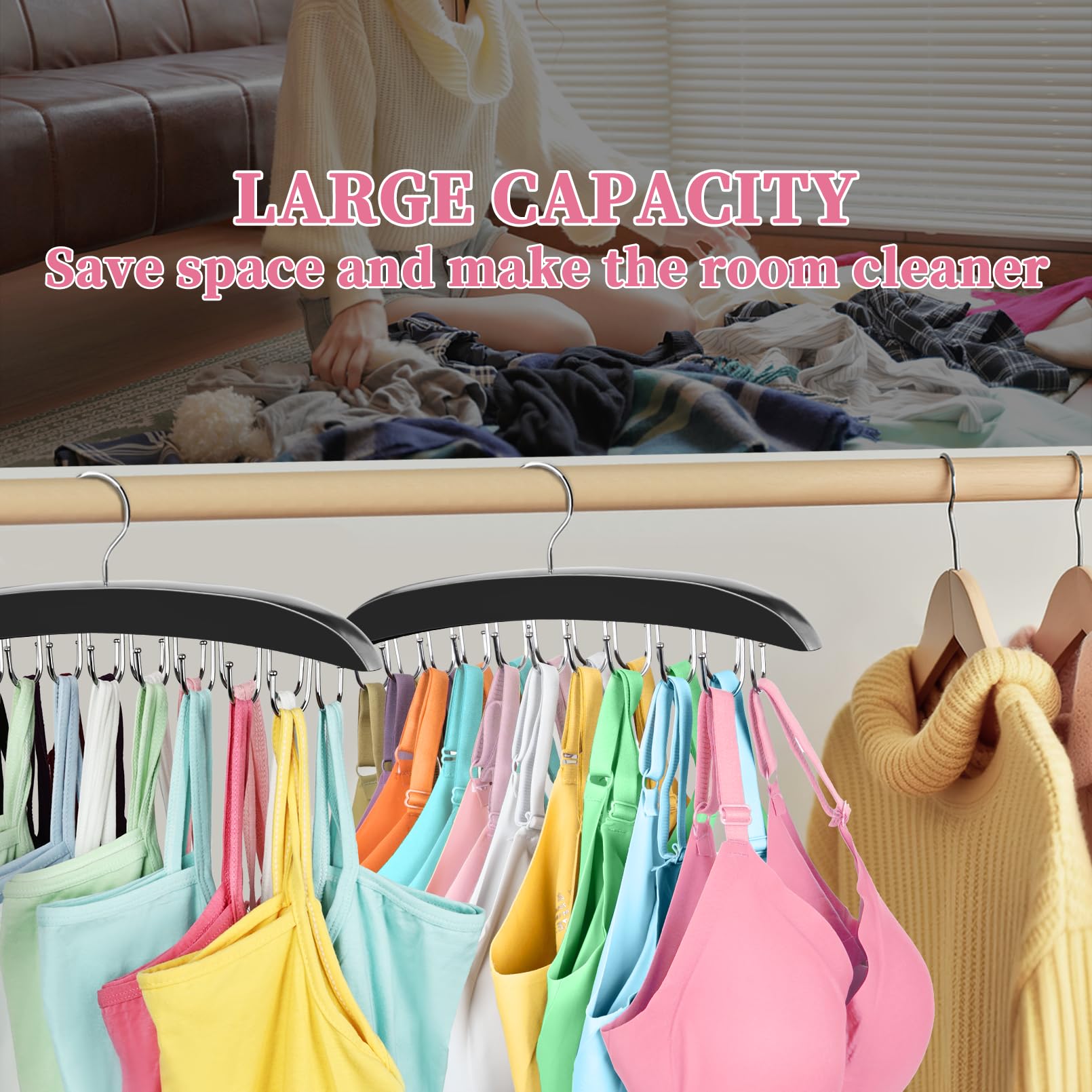 Bra Hanger for Closet, 360° Rotating Bra Organizer Space Saving w/20 Foldable Metal Hooks, Tank Top Hanger Closet Organizers and Storage for Camisoles/Tank Tops/Bras/Belts/Scarves Black