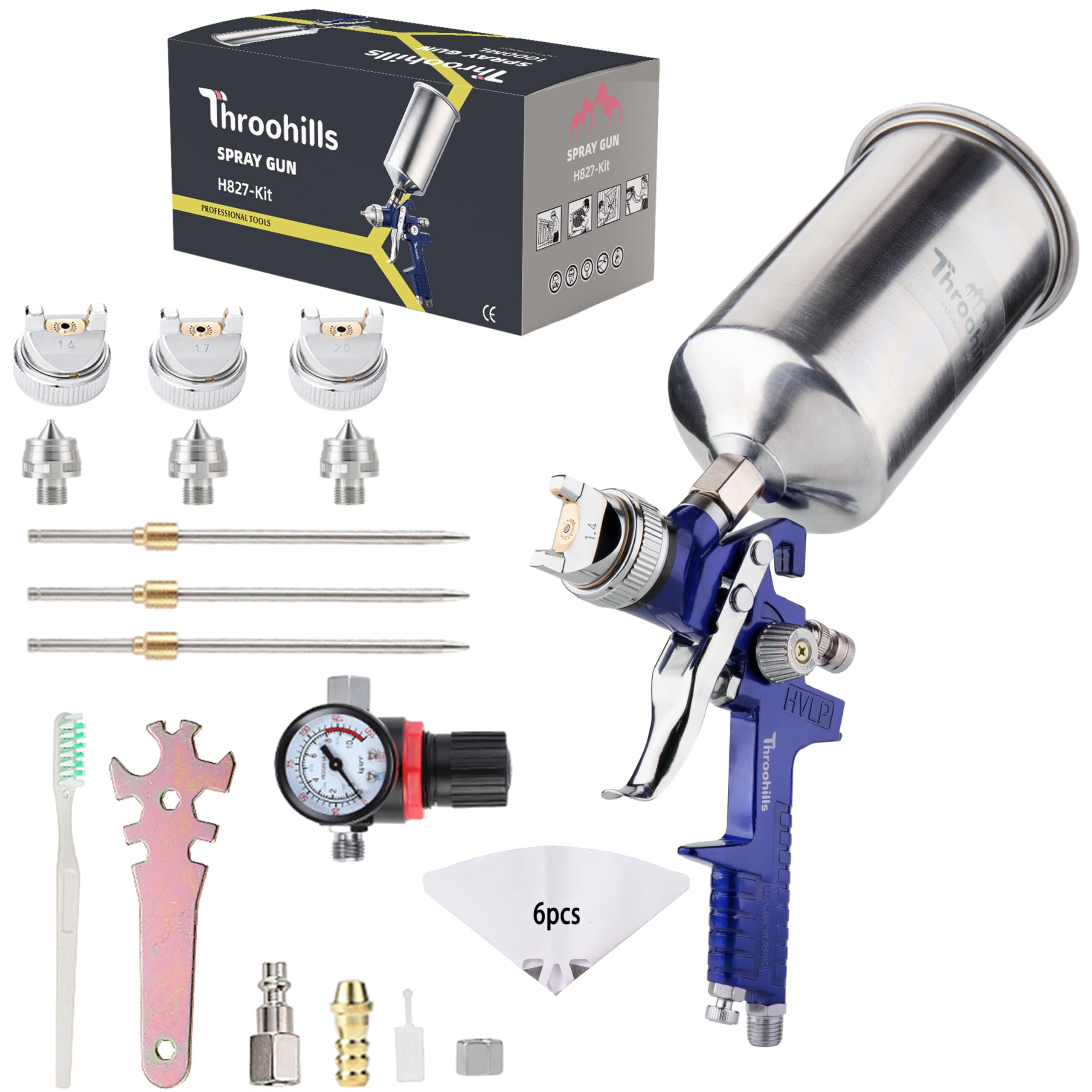 Throohills Professional HVLP Spray Gun Kit, Automotive Paint Spray Paint Gun,3 Nozzles(1.4/1.7/2.0mm) and 33oz Aluminum Cup for Car, Wall Paint, Furniture Spraying（Blue）