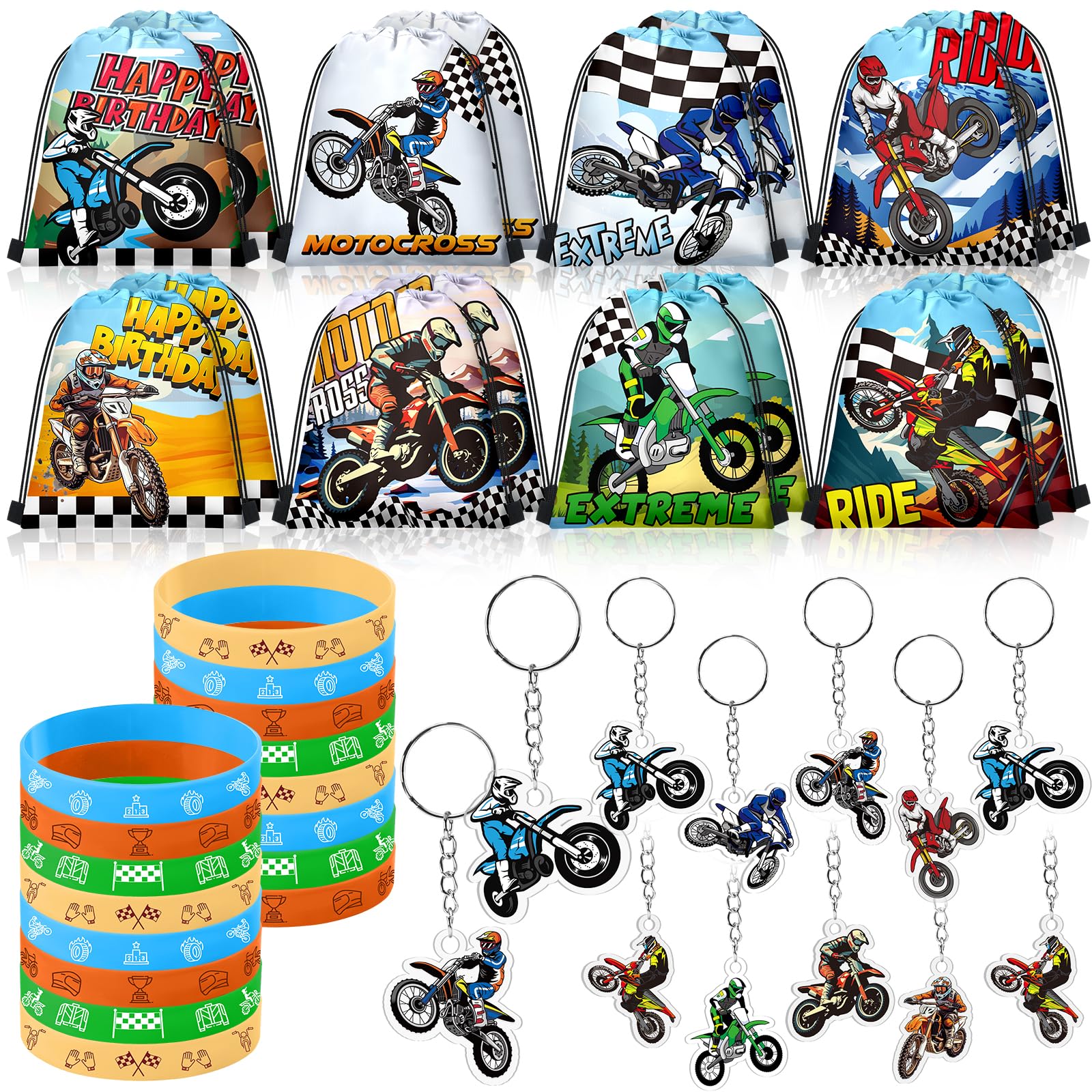 Talltalk 48 Pcs Dirt Bike Party Favors for Boy Motocross Birthday Decorations 16 Motorcycle Party Drawstring Bag Racing Candy Goodie Snacks Gift Bag 16 Wristband 16 Keychain for Baby Shower Birthday