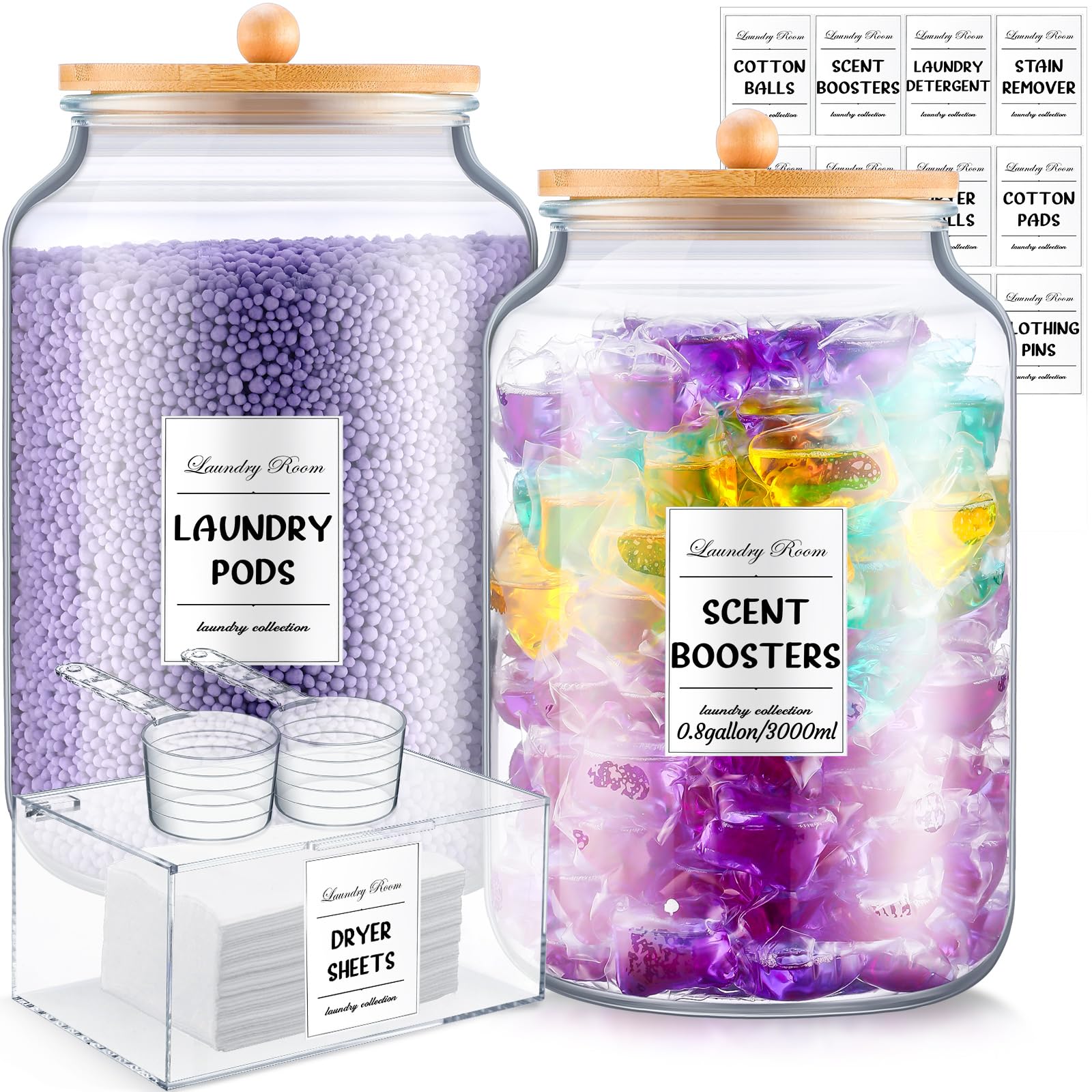 SiliFine 2 Pcs Glass Jars for Laundry Room Organization and Storage 0.8 Gallon Laundry Pods Container with Airtight Bamboo Lid, Acrylic Dryer Sheet Holder with Lid 14 Labels and 2 Scoops for Detergent