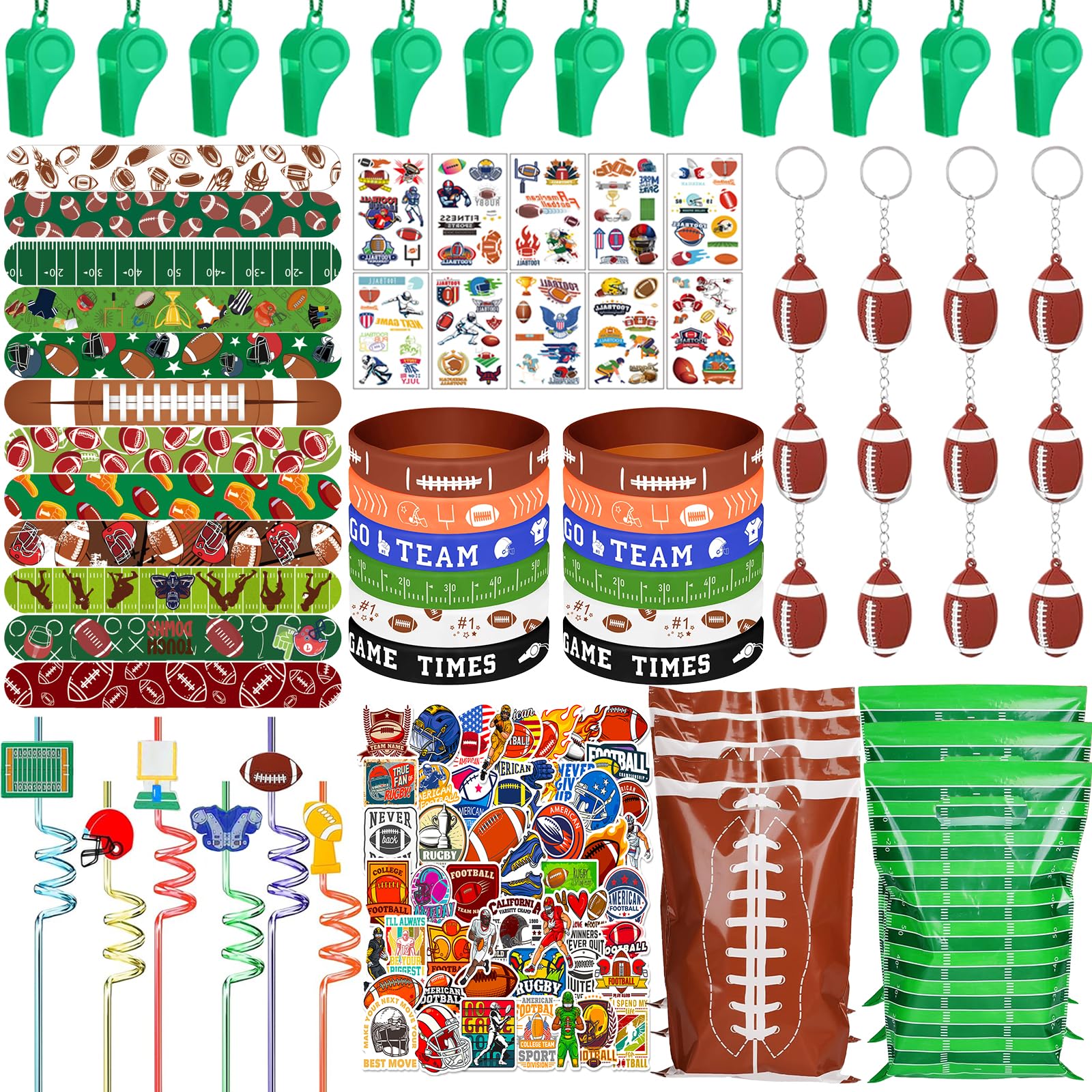 134 Pcs Football Party Favors Set 12 Silicone Bracelet 12 Whistles 12 Keychains 12 Slap Bracelet 12 Tattoo Stickers 12 Plastic Straws 12 Gift Bags 50 Football Stickers for Football Party Supplies