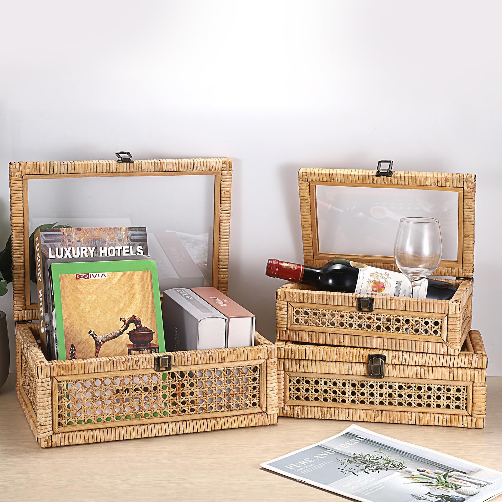 Hipiwe Rattan Display Box with Clear Lid Rectangular Wicker Storage Basket Bin with Metal Secure Latch Handwoven Natural Rattan Decorative Box Small Shelf Organizer Basket for Snacks Remotes