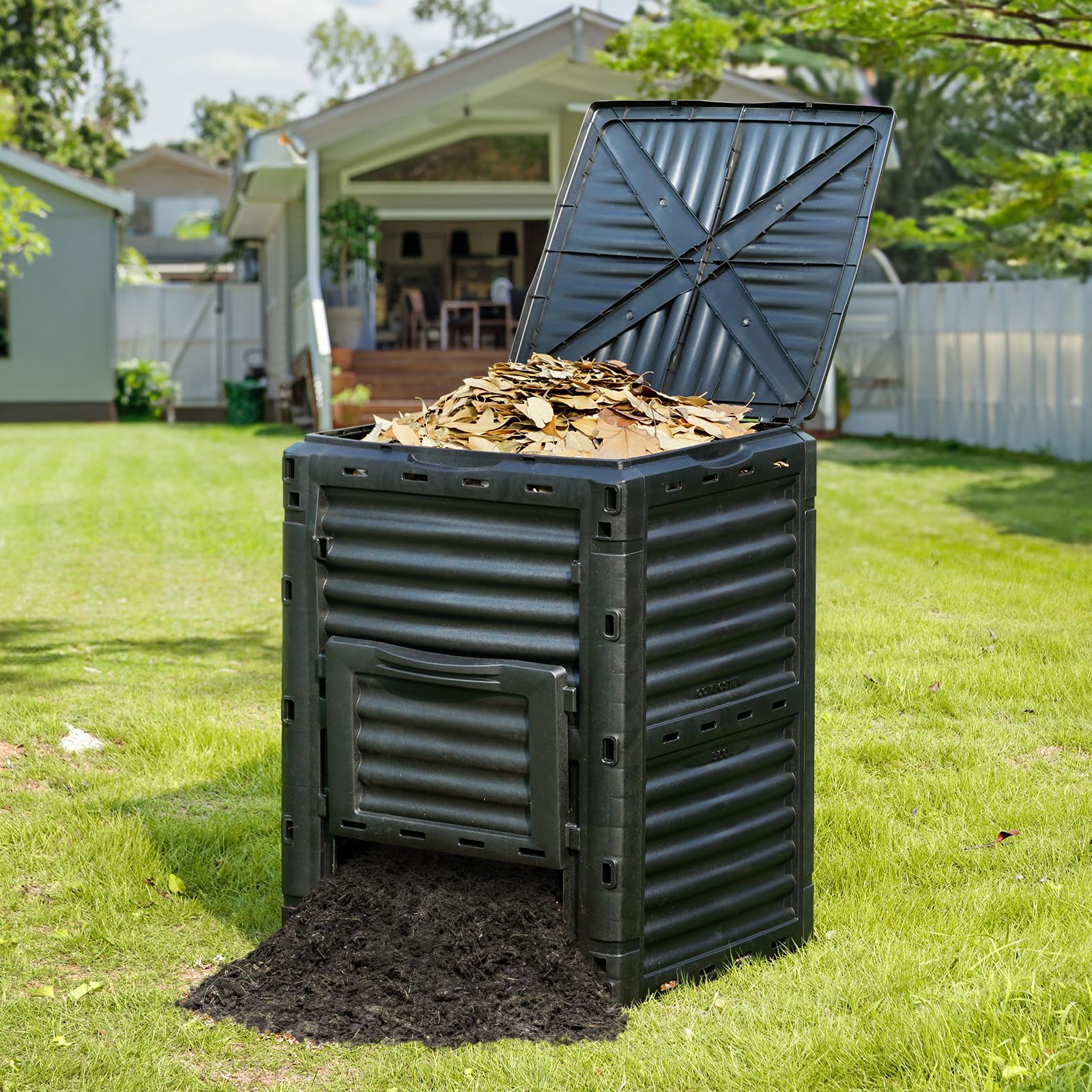 VEVOR Garden Compost Bin 80 Gallon, BPA Free Composter, Large Capacity Outdoor Composting Bin with Top Lid and Bottom Door, Easy Assembling, Lightweight, Fast Creation of Fertile Soil