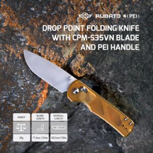 OKNIFE Rubato 4 PEI Folding Knife, CPM-S35VN Steel, 3.04" Blade Amber Handle with Deep Pocket Clip, Drop Point, Rail Lock, Thumb Stud