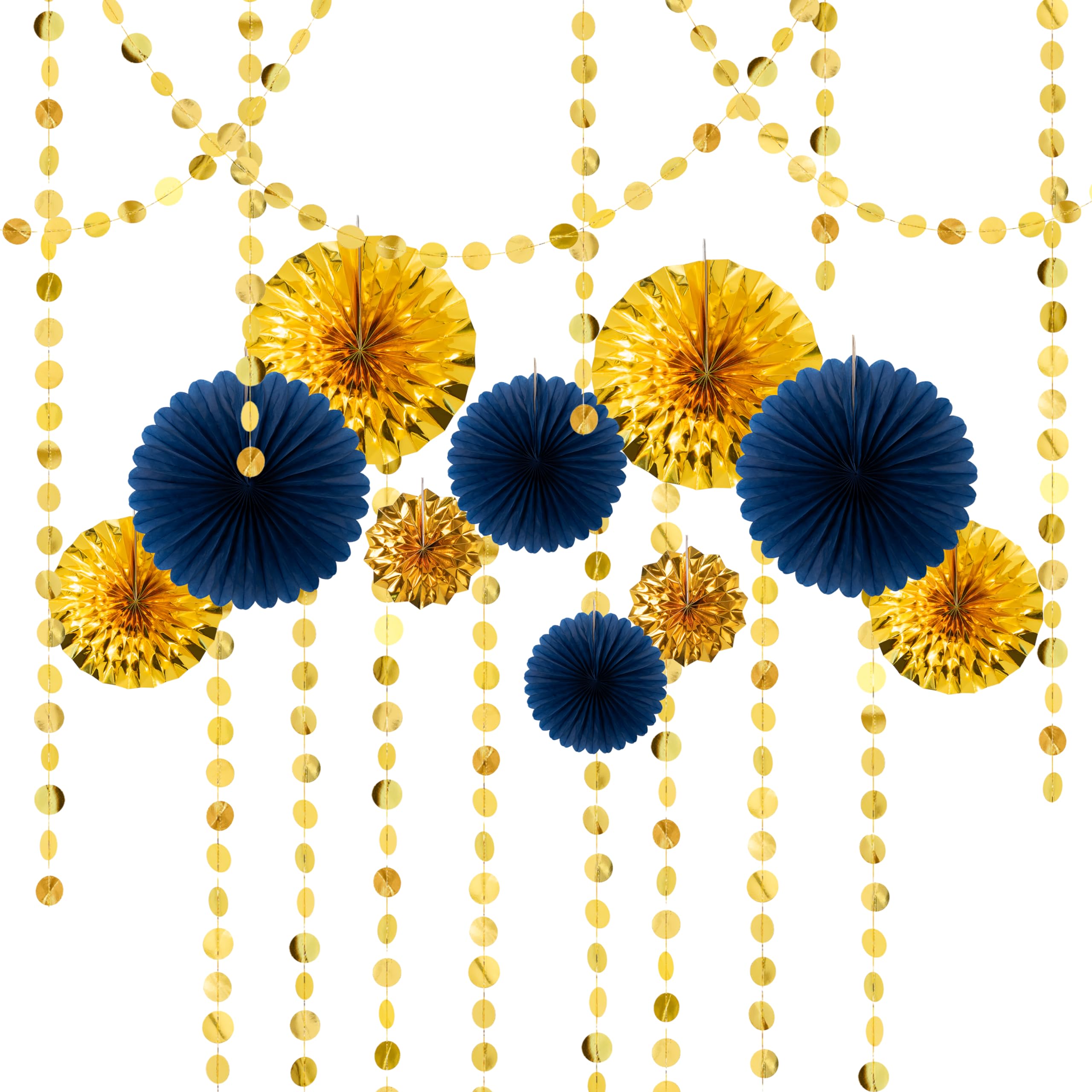 Cheerland 40th Birthday Paper Fan Garland Backdrop Kit Navy Blue Gold Rosette Hanging Gold Circle Dot Garland Decor for Men Birthday Graduation Bridal Baby Shower Party Decorations - Pack of 14