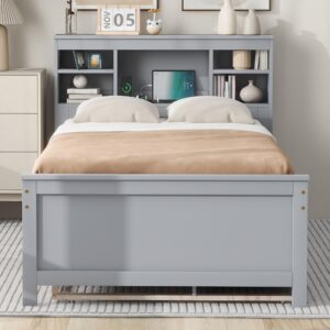 Twin Size Bed Frame Wooden Platform Bed with Storage Bookcase Headboard and Charging Station, Twin Storage Bed Frame with Trundle and 3 Drawers for Kids, Teens, Adults, No Box Spring Needed (Gray)