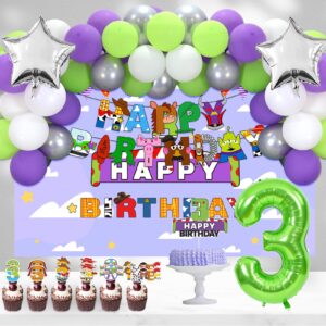 Crenics 3rd Birthday Decorations for Girls or Boys - 3rd Birthday Backdrop, Banner, Balloon Arch Kit, Number 3 Balloon with Cake Toppers for Toy Inspired Story Theme 3 Birthday Party Supplies