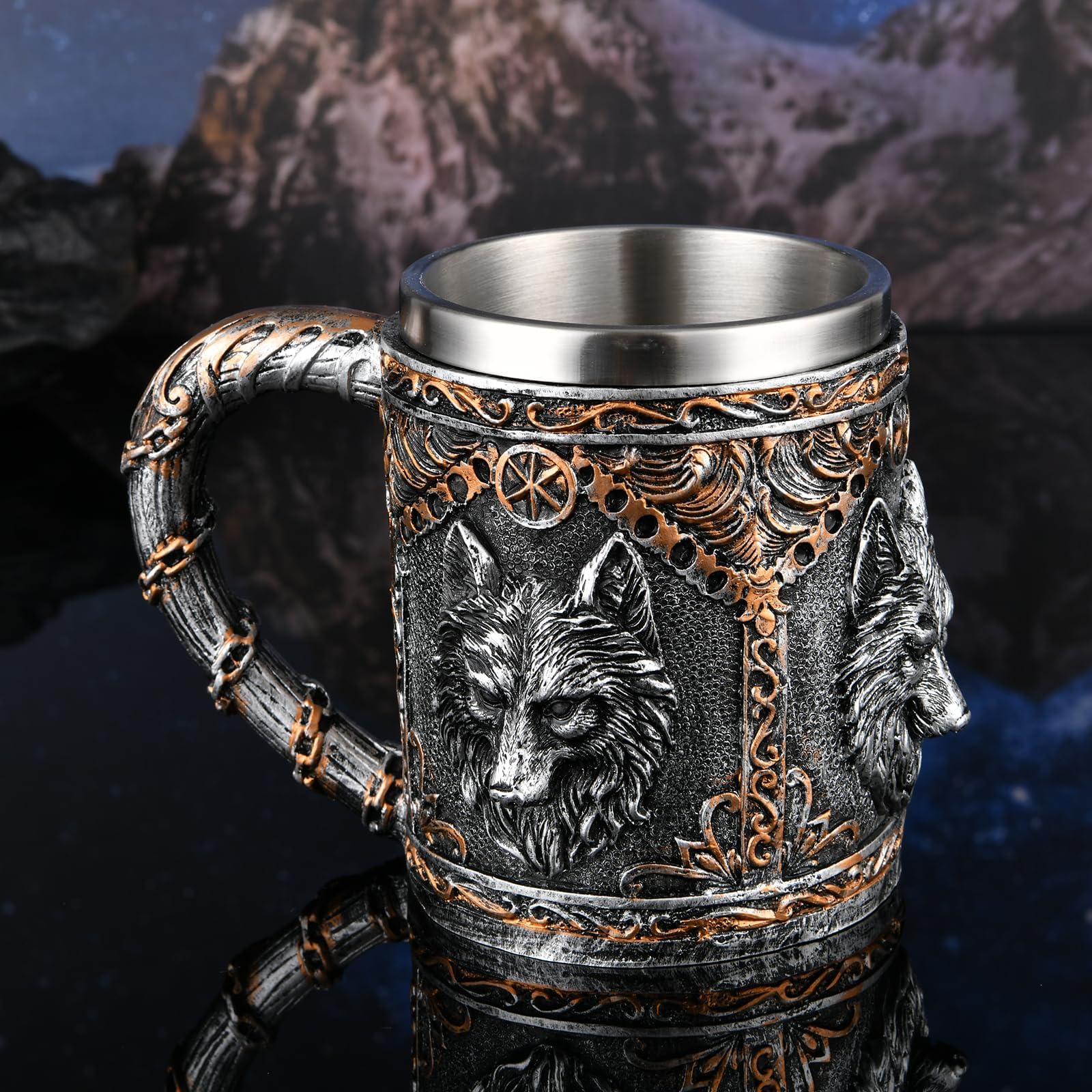 Nordic Viking Rune Mug - Beer Tankard Cup for Men - Stainless Steel Wooden Viking Coffee Cool Mug - Viking Gift and Norse Decor - Medieval Design - Ideal Beer Stein