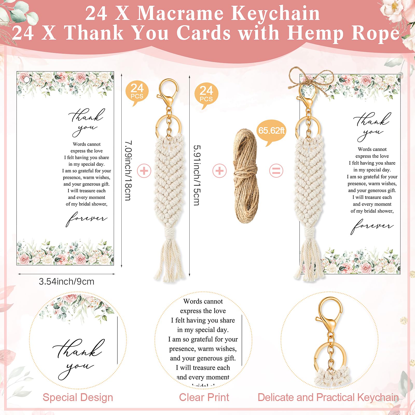 Ecation 24 Sets Bridal Shower Favors for Guests 24 Macrame Keychains Boho Keychain 24 Thank You Cards with Hemp Rope Goodie Bags Tassels Charm for Wedding Favors