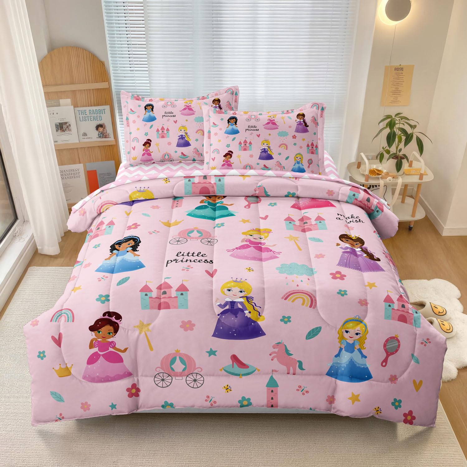 SIRDO Kids Magical Princess Comforter Set Bed in a Bag Twin Size- 5 Piece Soft Cute Castle Bedding Set for Girls (1 Comforter, 1 Flat Sheet, 1 Fitted Sheet, 2 Pillowcases), Pink