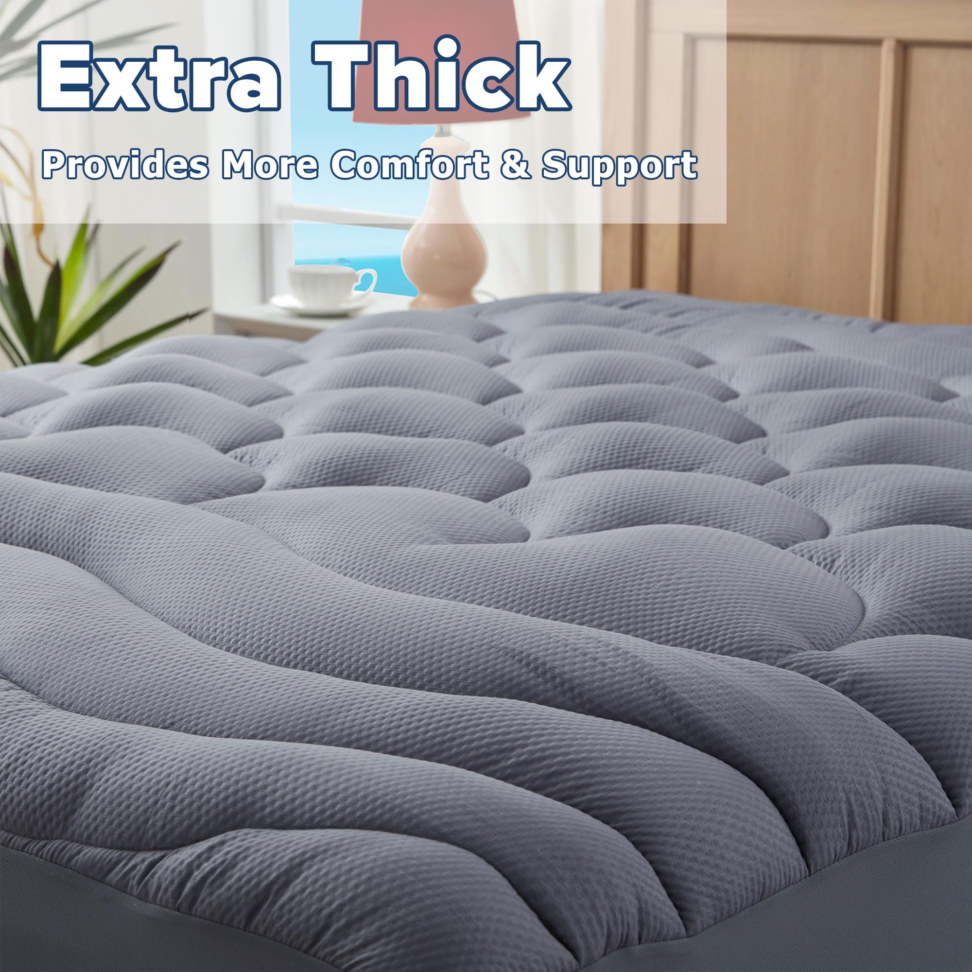 ELVEN HOME King Mattress Pad Extra Thick for Back & Hip Pain Relief, Pillow Top Cooling Mattress Topper Deep Pocket, Hotel Quality Down Alternative Mattress Pad Cover Quilted Fitted, Grey