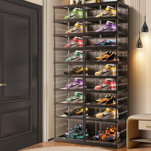 cimlord 9-tier foldable shoe rack for closet entryway 18-36pairs,stackable clear shoe storage boxes organizer with door plastic shoe cabinet bins with lids shoes shelf easy assembly large black