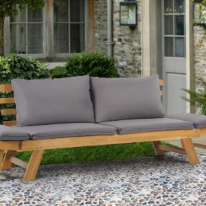 PayLessHere Outdoor Couch Patio Couch Daybed with Adjustable Armrest, Wooden Loveseat with Cushion and Pillow, and Expandable Plate