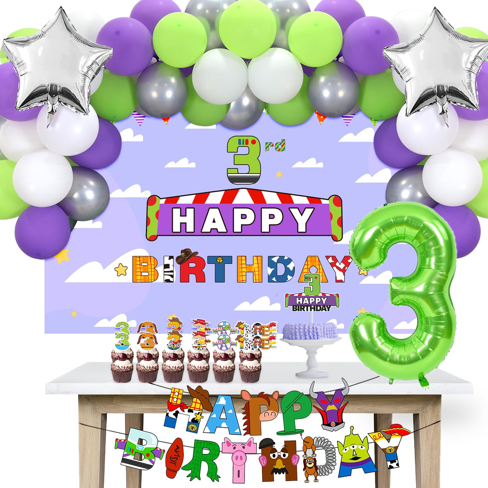 Crenics 3rd Birthday Decorations for Girls or Boys - 3rd Birthday Backdrop, Banner, Balloon Arch Kit, Number 3 Balloon with Cake Toppers for Toy Inspired Story Theme 3 Birthday Party Supplies