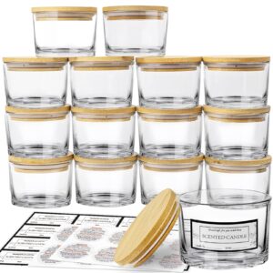 connoo 15 pack 4 oz clear glass candle jars with airtight bamboo lids for making candles, bulk small wide mouth empty candle containers with sticky warning labels - dishwasher safe